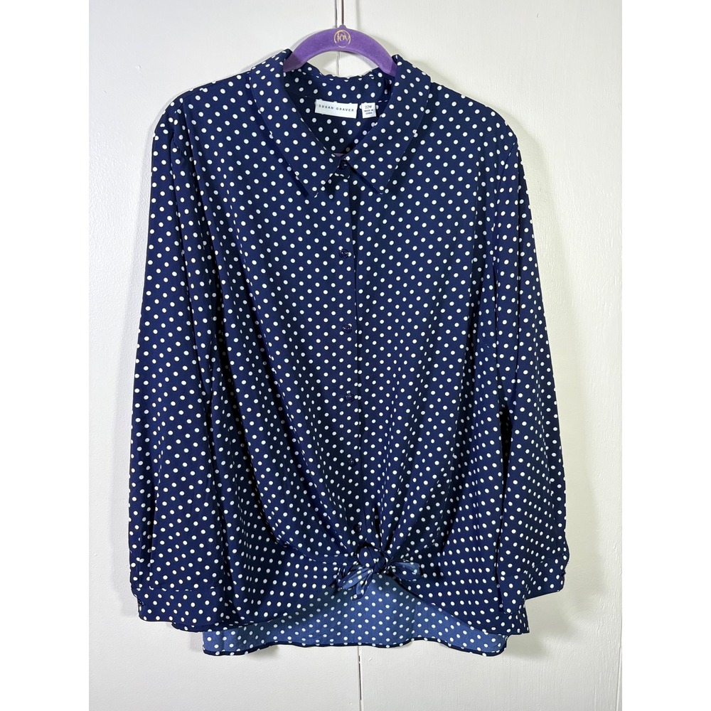 Susan Graver Navy Blue White Polka Dot Tie Front Button Down Blouse 22W Coastal